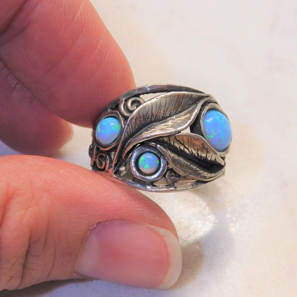 925 Unique Sliver Leaf Scroll Australian Opal Ring - Picture 3 of 10